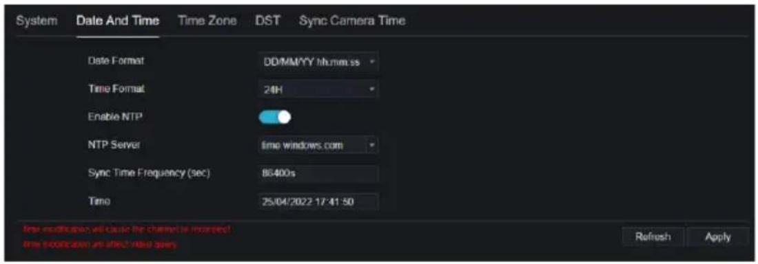 System Date And Time Time Zone DST Sync Camera Time Date Format DD/MM/YY hh:mm:ss Time Format 24H Enable NTP NTP Server time windows.com Sync Time Frequency (sec) 86400s Time 25/04/2022 17:41:50 Refresh Apply