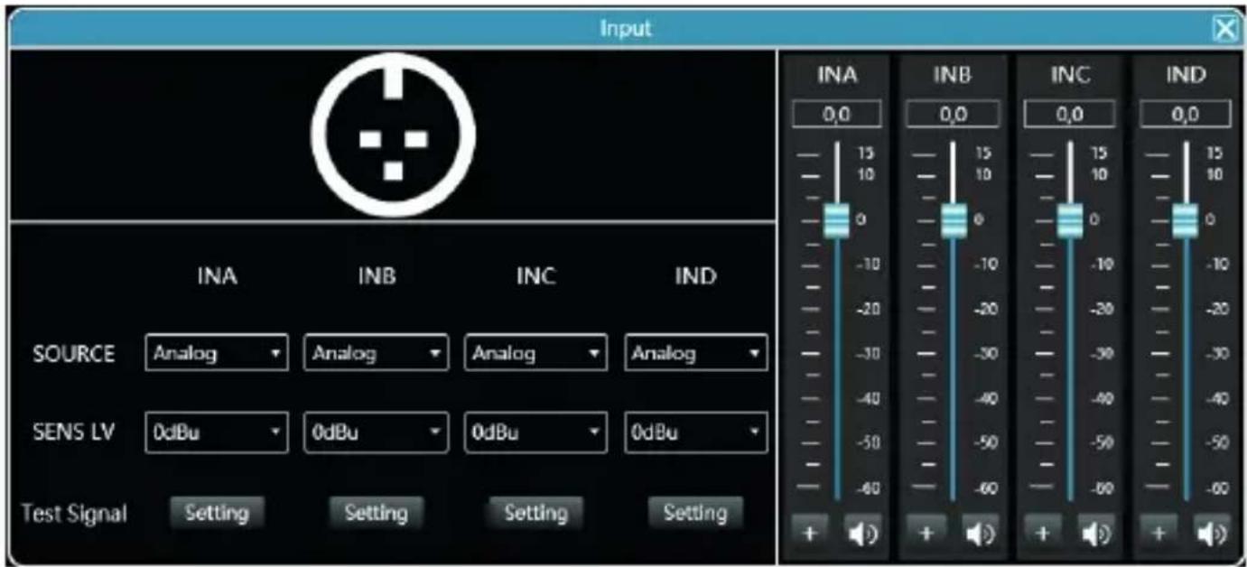 Input INA INB INC IND SOURCE Analog Analog Analog Analog SENS LV 0dBu 0dBu 0dBu 0dBu Test Signal Setting Setting Setting Setting INA INB INC IND 0,0 15 15 15 15 10 10 10 10 0 0 0 0 0 -10 -10 -10 -10 -20 -20 -20 -20 -30 -30 -30 -30 -40 -40 -40 -40 -50 -50 -50 -50 -60 -60 -60 -60 + + + + +