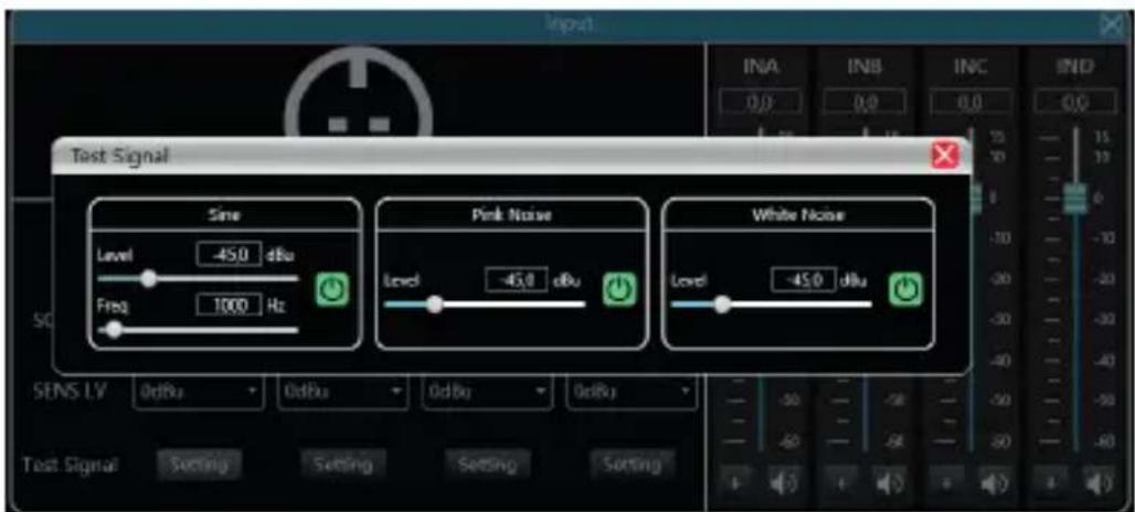 Test Signal Sine Level 45.0 dBu Freq 1000 Hz Pink Noise Level -45.0 dBu White Noise Level -45.0 dBu SENS LV Odbu Odbu Odbu Odbu Test Signal Setting Setting Setting Setting