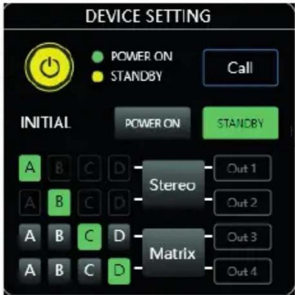 DEVICE SETTING POWER ON STANDBY Call INITIAL POWER ON STANDBY Stereo Matrix A B C D Out 1 A B C D Out 2 A B C D Out 3 A B C D Out 4