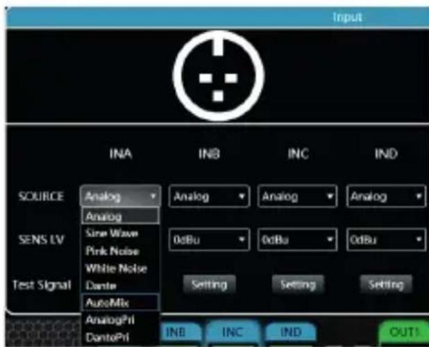 Input INA INB INC IND SOURCE Analog Analog Analog Analog SENS LV Sine Wave OdBu OdBu OdBu Test Signal Dante Setting Setting Setting AutoMix AnalogPil INB INC IND OUT