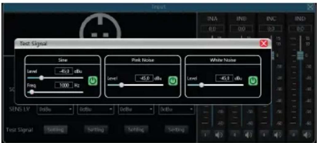Test Signal Sine Level -45.0 dBu Freq 1000 Hz Pink Noise Level -45.0 dBu White Noise Level -45.0 dBu SENS LV 0dBu 0dBu 0dBu 0dBu Test Signal Setting Setting Setting Setting Setting