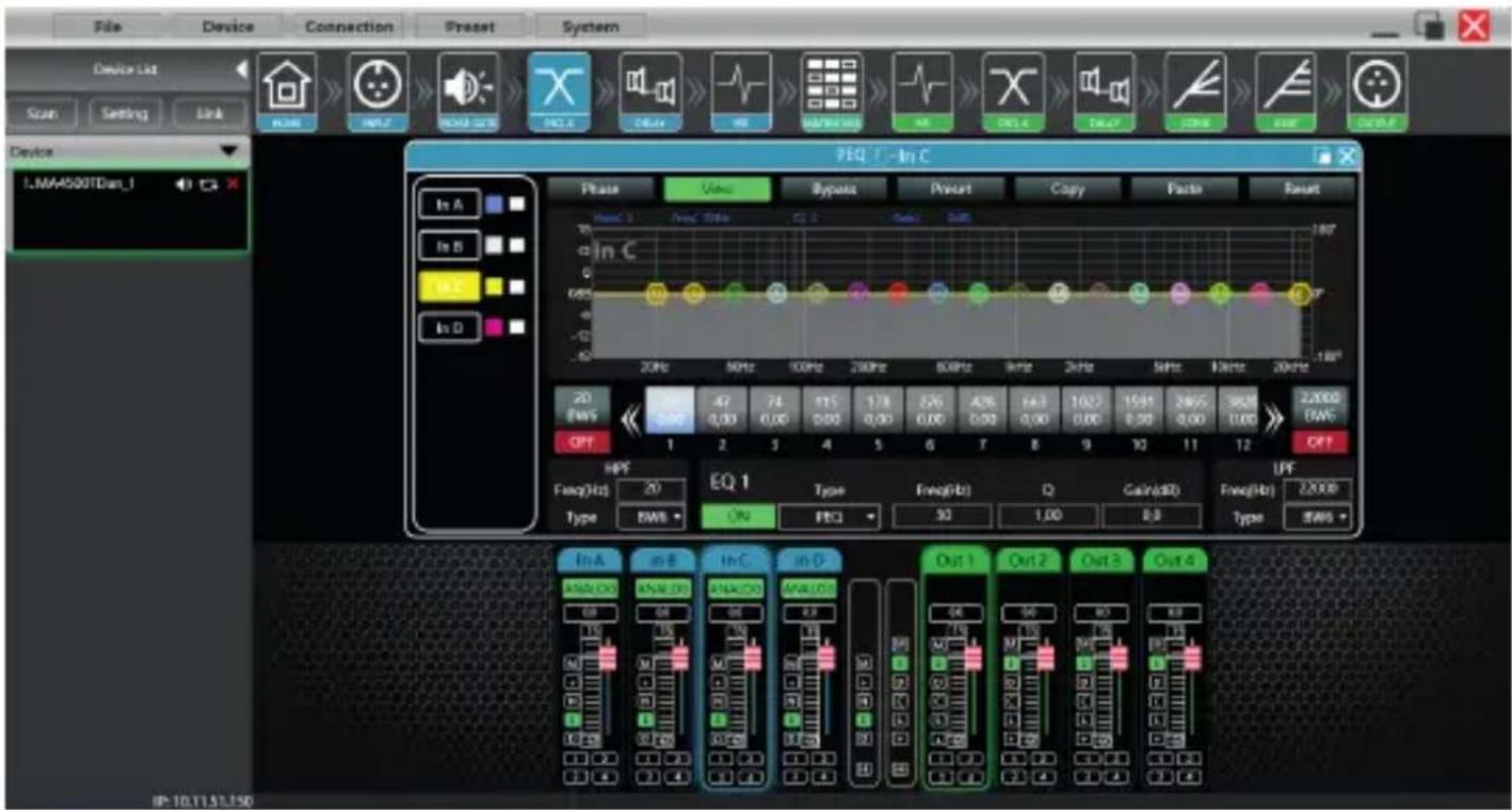 File Device Connection Preset System Device List Scan Setting Link Device LMA4500TDan_1 PEQ 1-In C Phase View Bypass Preset Copy Pactin Reset Peak 1 Peak Time CC 2 Gain Shift In A In B In C 0 085 0 20Hz 50Hz 100Hz 250Hz 60Hz 9Hz 2kHz 5kHz 1kHz 20kHz 20 BWS OPT HPF Freq(Hz) 20 EQ 1 Type Freq(Hz) Q Gain(Hz) Type BWB On Freq(Hz) 30 1.00 0.3 LPF Type BWB In A in B In C in D Out 1 Out 2 Out 3 Out 4 AIA/CC ANA/CC ANA/CC ANA/CC IN 10 16 16 16 16 16 16 16 16 16 16 16 16 16 16 16 16 16 16 16 16 16 16 16 16 16 16 16 16 16 16 16 16 16 16 2000 IN A IN B IN C IN D Out 1 Out 2 Out 3 Out 4 AIA/CC ANA/CC ANA/CC IN 10 16 16 16 16 16 16 16 16 16 16 16 16 16 16 16 16 16 16 16 16 16 16 16 16 16 16 16 2000 IP:10.11.51.150