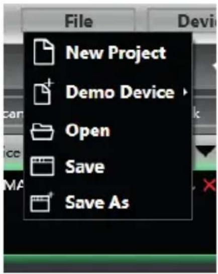 File New Project Demo Device Open Save Save As