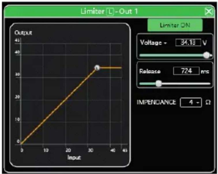 Limiter L - Out 1 Output 45 0 10 20 30 40 45 Input Voltage 34.13 V Release 724 ms IMPENDANCE 4 - Ω Limiter ON