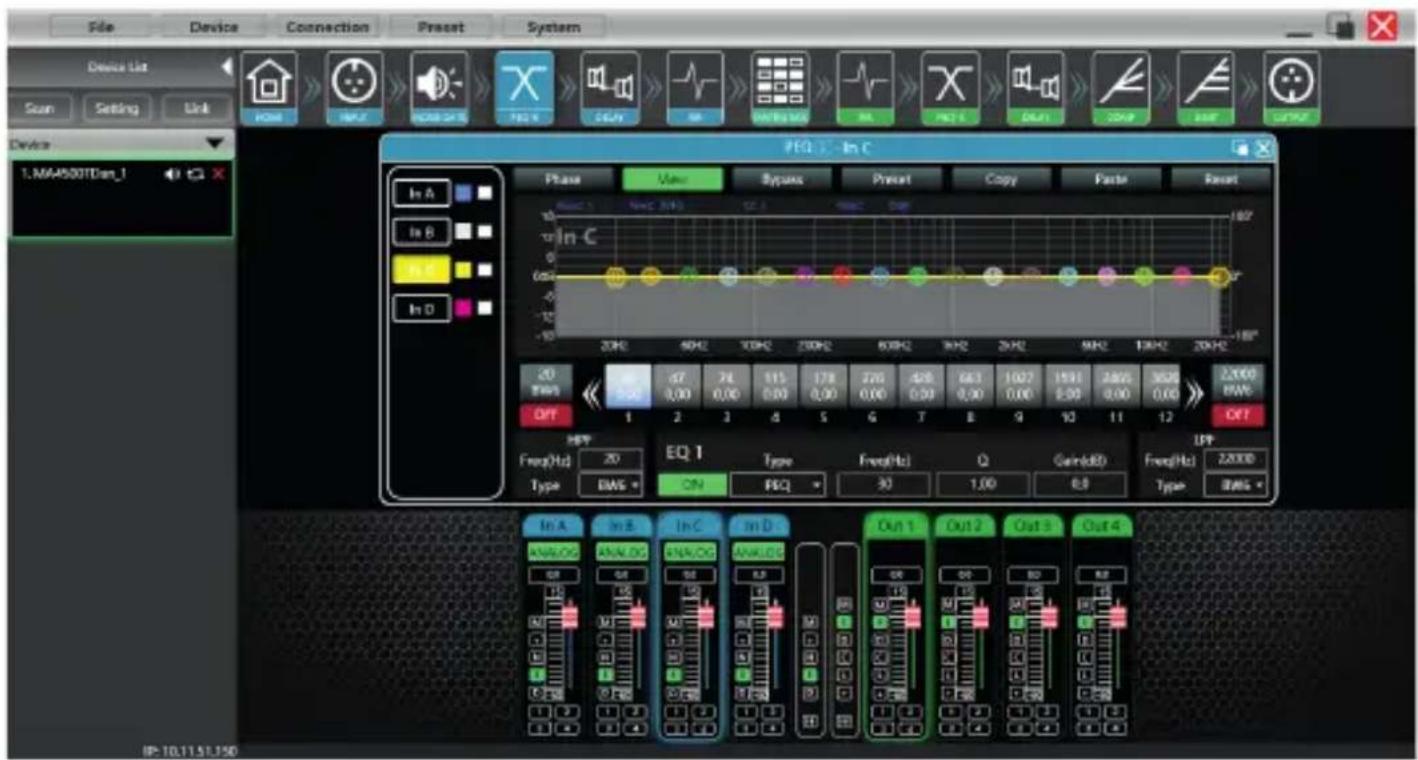 File Device Connection Preset System Device List Scan Setting Link Device 1.MA4500TDen_1 Phase View Systems Preset Copy Paste Reset In A In B In C 20Hz 40Hz 70Hz 200Hz 80Hz 30Hz 20Hz MHz 10Hz 20Hz 20 R/W OFF HPT Freq(Hz) 20 Type BWG EQ 1 Type Free(Hz) Q Gain(RD) LPT Freq(Hz) 20000 Type BWG In A In B In C In D Out 1 Out 2 Out 3 Out 4 ANALOG ANALOG ANALOG ANALOG 68 68 68 68 68 68 68 68 68 68 68 68 68 68 68 68 68 68 68 68 68 68 68 68 68 68 68 68 68 68 68 68 68 68 10.11.51.150