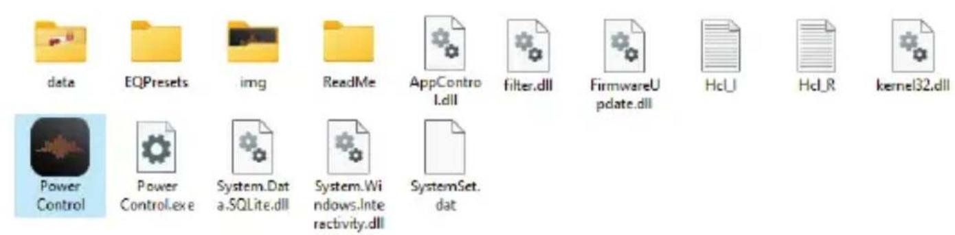 data EQPresets img ReadMe AppControl.dll filter.dll FirmwareUpdate.dll HclU HclR kernel32.dll Power Control Power Control.exe System.DataSQLite.dll System.Windows.Intereactivity.dll SystemSet.dat