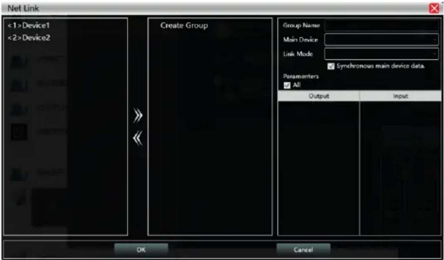 Net Link <1>Device1 <2>Device2 Create Group Group Name Main Device Link Mode ✓ Synchronous main device data Parameters ✓ All Output Input OK Cancel