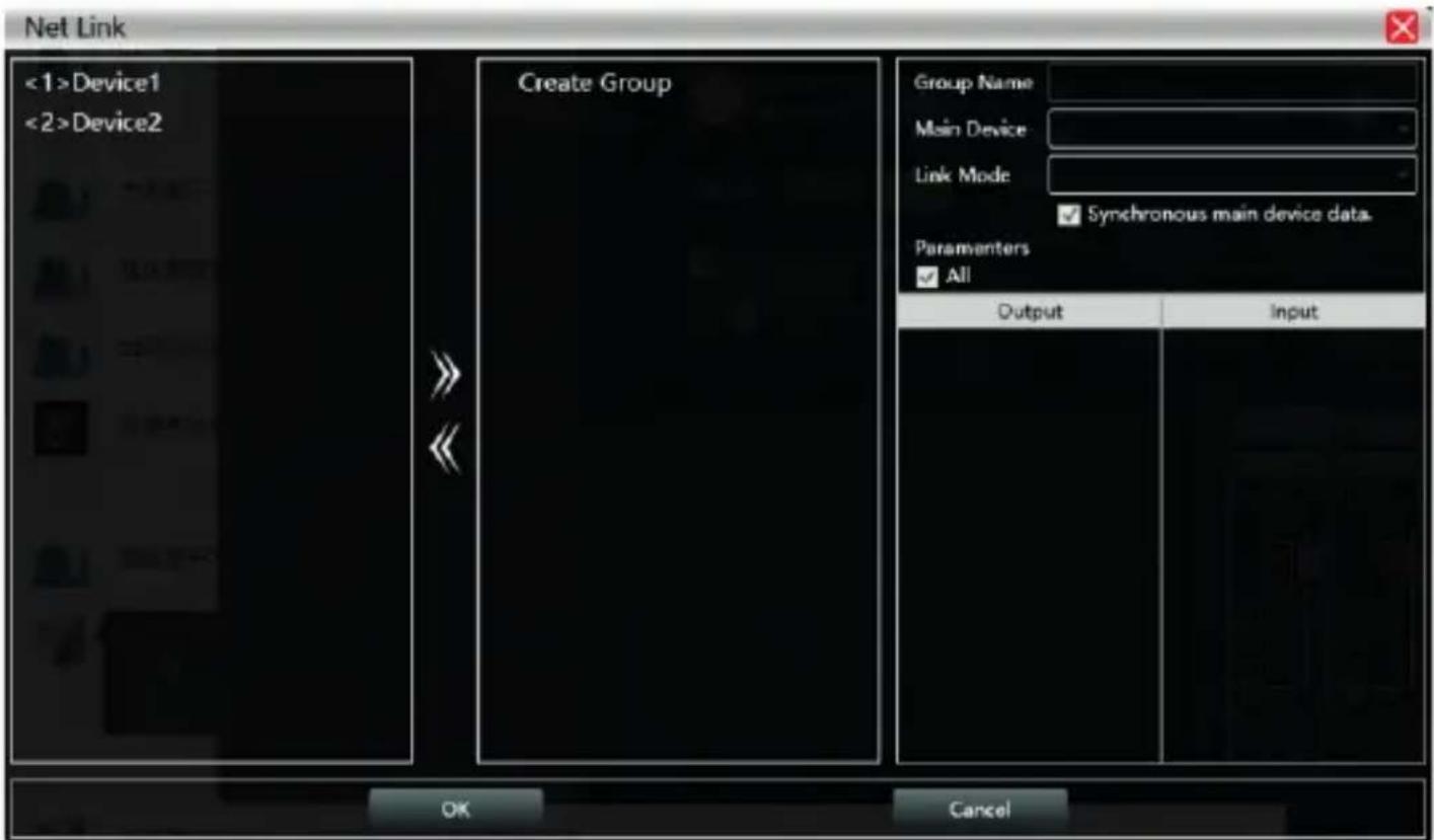 Net Link <1>Device1 <2>Device2 Create Group Group Name Main Device Link Mode ✓ Synchronous main device data. Parameters ✓ All Output Input OK Cancel