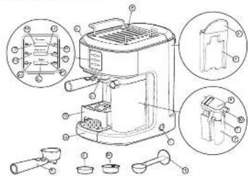 Technical diagram of a microwave oven with labeled components and exploded views showing internal structure.