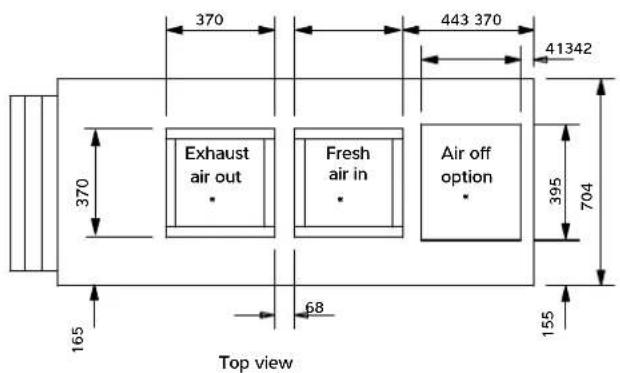 370 443 370 41342 370 Exhaust air out Fresh air in Air off option 395 704 165 68 155 Top view