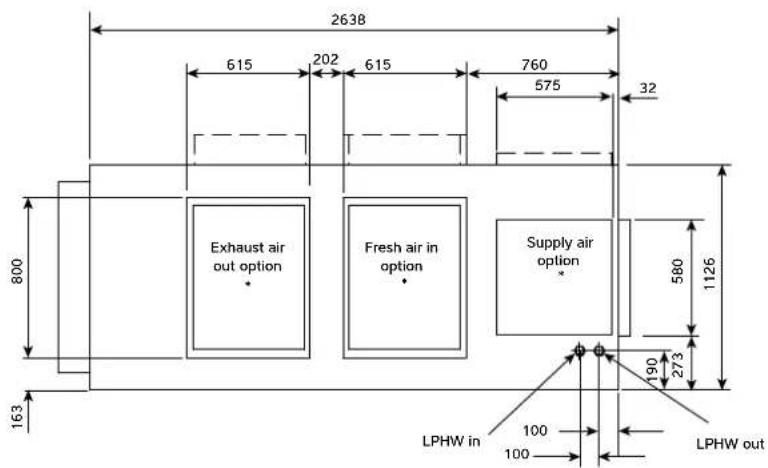 2638 615 202 615 760 575 32 800 Exhaust air out option Fresh air in option Supply air option 580 1126 190 273 163 LPHW in 100 LPHW out 100