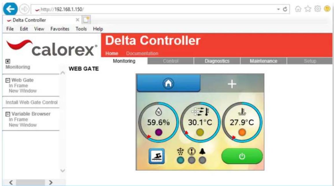 http://192.168.1.150/ Delta Controller File Edit View Favorites Tools Help calorex® Home Documentation Monitoring Control Diagnostics Maintenance Setup WEB GATE Web Gate In Frame New Window Install Web Gate Control Variable Browser In Frame New Window 59.6% 30.1°C 27.9°C