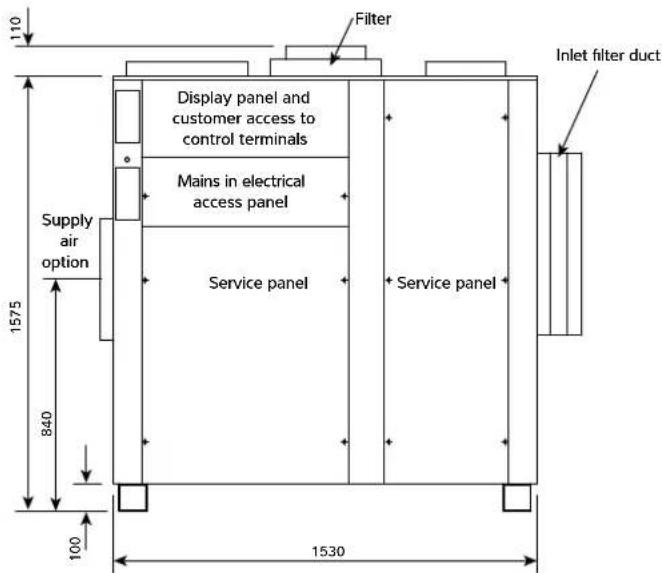 110 Filter Display panel and customer access to control terminals Mains in electrical access panel Service panel Inlet filter duct Supply air option 840 1575 100 1530