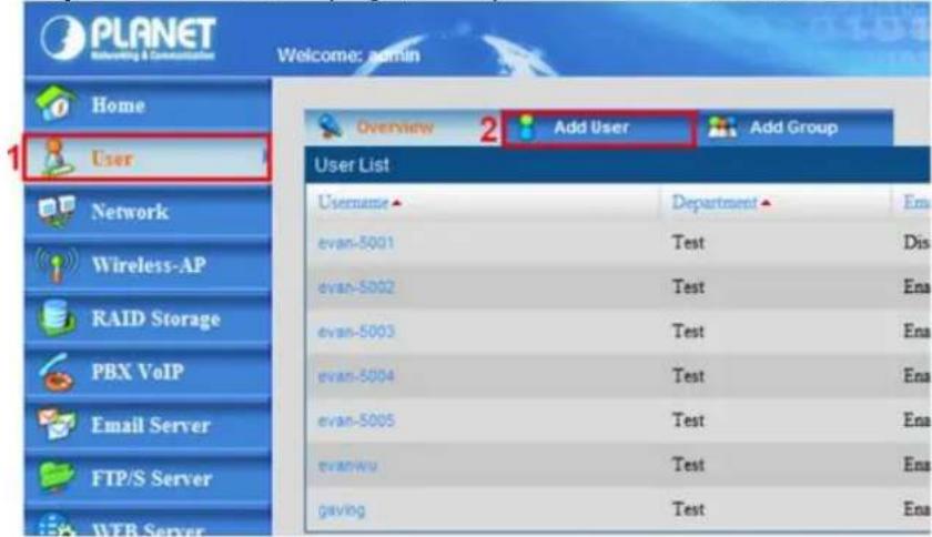 PLANET Networking & Communication Welcome: admin Home User Overview 2 Add User Add Group User List Username ▲ Department ▲ evan-5001 Test Dis evan-5002 Test Ena evan-5003 Test Ena evan-5004 Test Ena evan-5005 Test Ena evanwu Test Ena gaving Test Ena