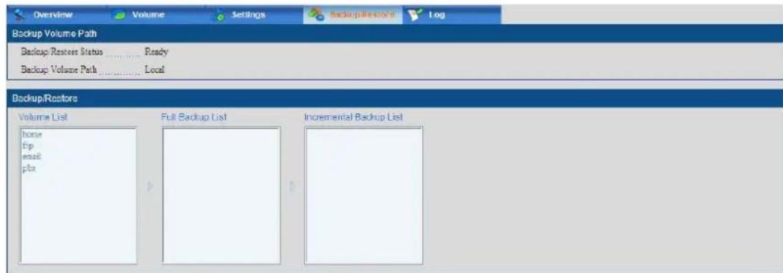 Overview Volume Settings Backup/Restore Log Backup Volume Path Backup Restore Status .... Ready Backup Volume Path .... Local Backup/Restore Volume List home tip email plx Full Backup List Incremental Backup List
