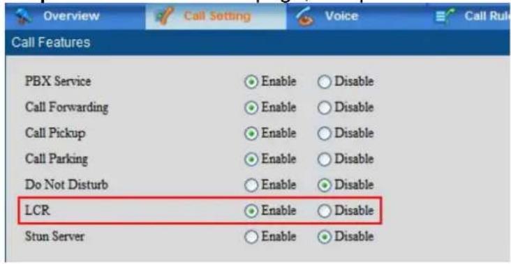 Overview Call Setting Voice Call Rul Call Features PBX Service Enable Disable Call Forwarding Enable Disable Call Pickup Enable Disable Call Parking Enable Disable Do Not Disturb Enable Disable LCR Enable Disable Stun Server Enable Disable