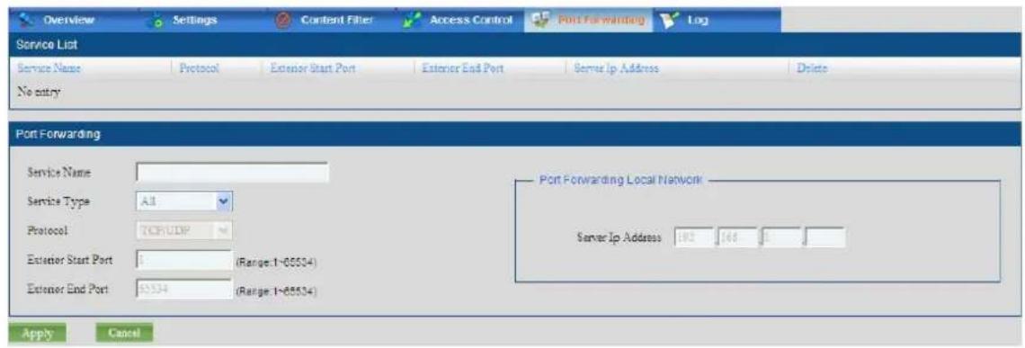 Overview Settings Content Filter Access Control Port Forwarding Log Service List Service Name Protocol Exterior Start Port Exterior End Port Server Ip Address Delete No entry Port Forwarding Service Name Service Type All Protocol TCP/UDP Exterior Start Port 1 (Range: 1-65504) Exterior End Port 15534 (Range: 1-65504) Port Forwarding Local Network Server Ip Address 192 146 1 Apply Cancel