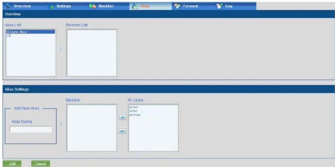 Overview Settings Blocklist Alias Forward Log Overview Alias List Create New All Member List Alias Settings Add New Alias Alias Name Member All Users alien alox james Add Cancel
