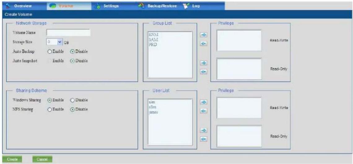 Overview Volume Settings Backup/Restore Log Create Volume Network Storage Volume Name Storage Size Auto Backup Auto Snapshot Group List ENM SAM PRD Privilege Read-Write Read-Only Sharing Scheme Windows Sharing NFS Sharing Enable Enable Disable User List alten allen write Privilege Read-Write Read-Only Create Cancel