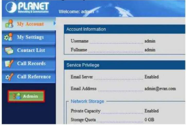 PLANET Rebanking & Communication Welcome: admin Account Information Username .... admin Fullname .... admin Service Privilege Email Server .... Enabled Email Address .... admin@evan.com Network Storage Private Capacity .... Enabled Storage Quota .... 0 GB