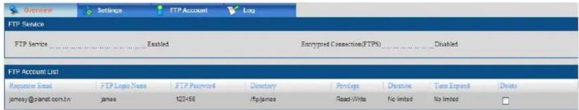Overview Settings FTP Account Log FTP Service FTP Service .... Enabled .... Encrypted Connection(FTPS) .... Disabled FTP Account List Request Email FTP Login Name FTP Password Directory Privilege Dentree Time Expand Delete jamesy@planet.com.tw-james 123456 /ftp/james Read-Write No limited No limited