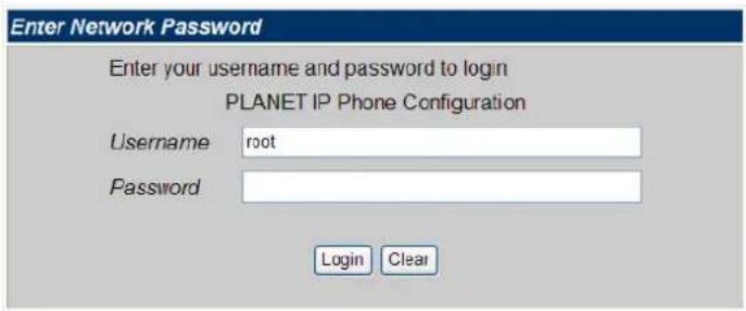 Enter Network Password Enter your username and password to login PLANET IP Phone Configuration Username root Password Login Clear