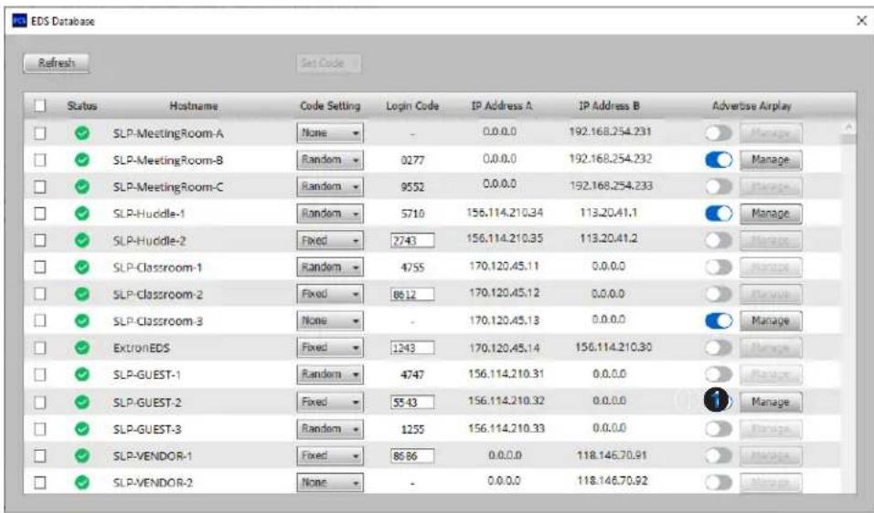 EDS Database Refresh Set Code Status Hostname Code Setting Login Code IP Address A IP Address B Advertise Airplay ✓ SLP-MeetingRoom-A None - 0.0.0.0 192.168.254.231 Manage ✓ SLP-MeetingRoom-B Random 0277 0.0.0.0 192.168.254.232 Manage ✓ SLP-MeetingRoom-C Random 9552 0.0.0.0 192.168.254.233 Manage ✓ SLP-Huddle-1 Random 5710 156.114.210.34 113.20.41.1 Manage ✓ SLP-Huddle-2 Fixed 2743 156.114.210.35 113.20.41.2 Manage ✓ SLP-Classroom-1 Random 4755 170.120.45.11 0.0.0.0 Manage ✓ SLP-Classroom-2 Fixed 8612 170.120.45.12 0.0.0.0 Manage ✓ SLP-Classroom-3 None - 170.120.45.13 0.0.0.0 Manage ✓ ExtronEDS Fixed 1243 170.120.45.14 156.114.210.30 Manage ✓ SLP-GUEST-1 Random 4747 156.114.210.31 0.0.0.0 Manage ✓ SLP-GUEST-2 Fixed 5543 156.114.210.32 0.0.0.0 Manage ✓ SLP-GUEST-3 Random 1255 156.114.210.33 0.0.0.0 Manage ✓ SLP-VENDOR-1 Fixed 8686 0.0.0.0 118.146.70.91 Manage ✓ SLP-VENDOR-2 None - 0.0.0.0 118.146.70.92 Manage