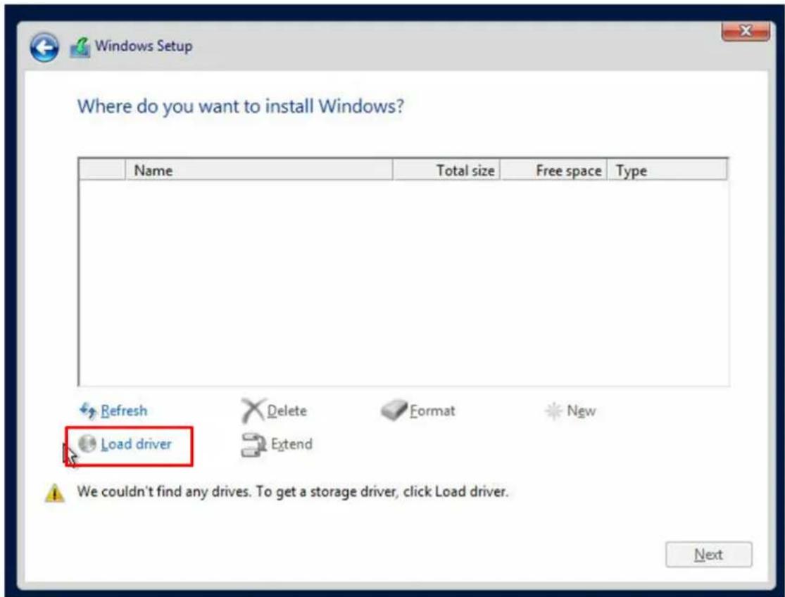 Where do you want to install Windows? Name Total size Free space Type Refresh Delete Format New Load driver Extend We couldn't find any drives. To get a storage driver, click Load driver. Next