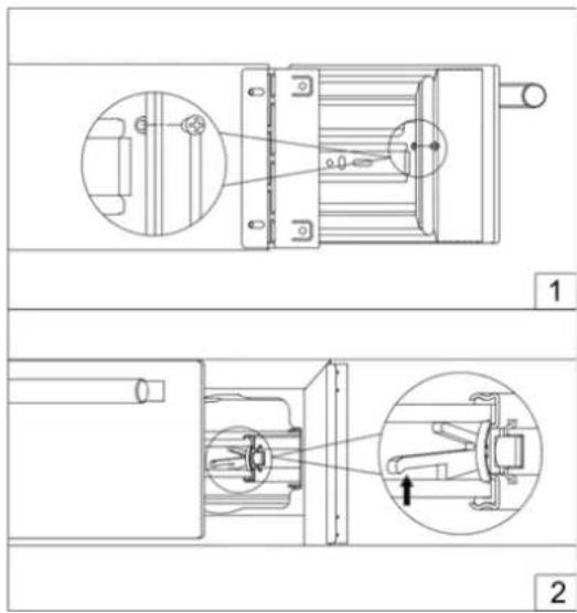 Technical diagram showing mechanical assembly with labeled parts and cross-sectional views