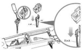 Technical diagram illustrating mechanical assembly steps with labeled components and directional arrows