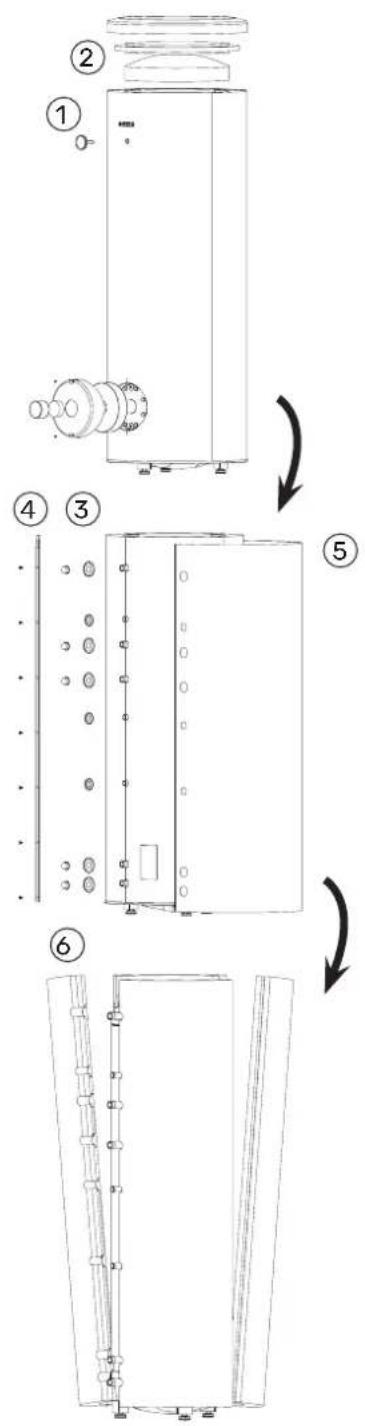 Technical diagram showing six sequential steps of a mechanical device with labeled components and directional arrows indicating motion.