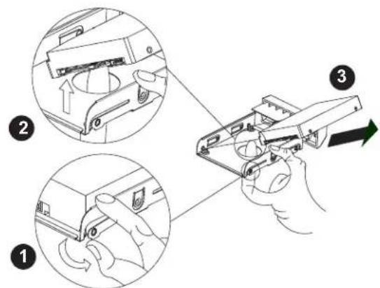 Diagram illustrating a hand using a tool to adjust or install a device, with numbered steps and directional arrows indicating process flow.