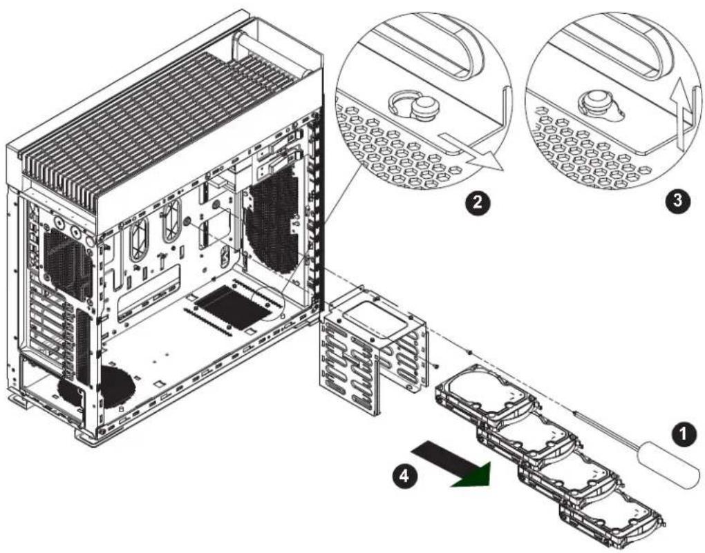 Technical diagram of a computer chassis with labeled components and exploded view, showing internal structure and assembly steps.