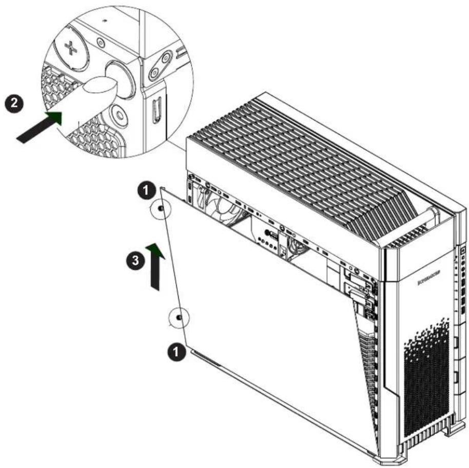 Technical diagram of a server rack with labeled components and an inset showing a close-up view of the internal structure.