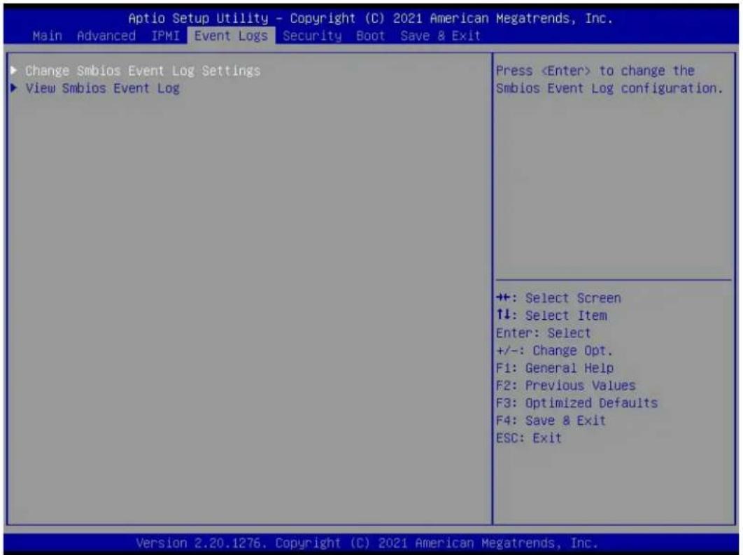 Aptio Setup Utility - Copyright (C) 2021 American Megatrends, Inc. Main Advanced IPMI Event Logs Security Boot Save & Exit Change Smbios Event Log Settings View Smbios Event Log Press to change the Smbios Event Log configuration. +: Select Screen ↑↓: Select Item Enter: Select +/-: Change Opt. F1: General Help F2: Previous Values F3: Optimized Defaults F4: Save & Exit ESC: Exit Version 2.20.1276. Copyright (C) 2021 American Megatrends, Inc.