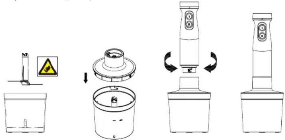 Diagram illustrating the step-by-step assembly of a digital kitchen brush, showing steps from base to final product with warning symbol and rotation arrows.