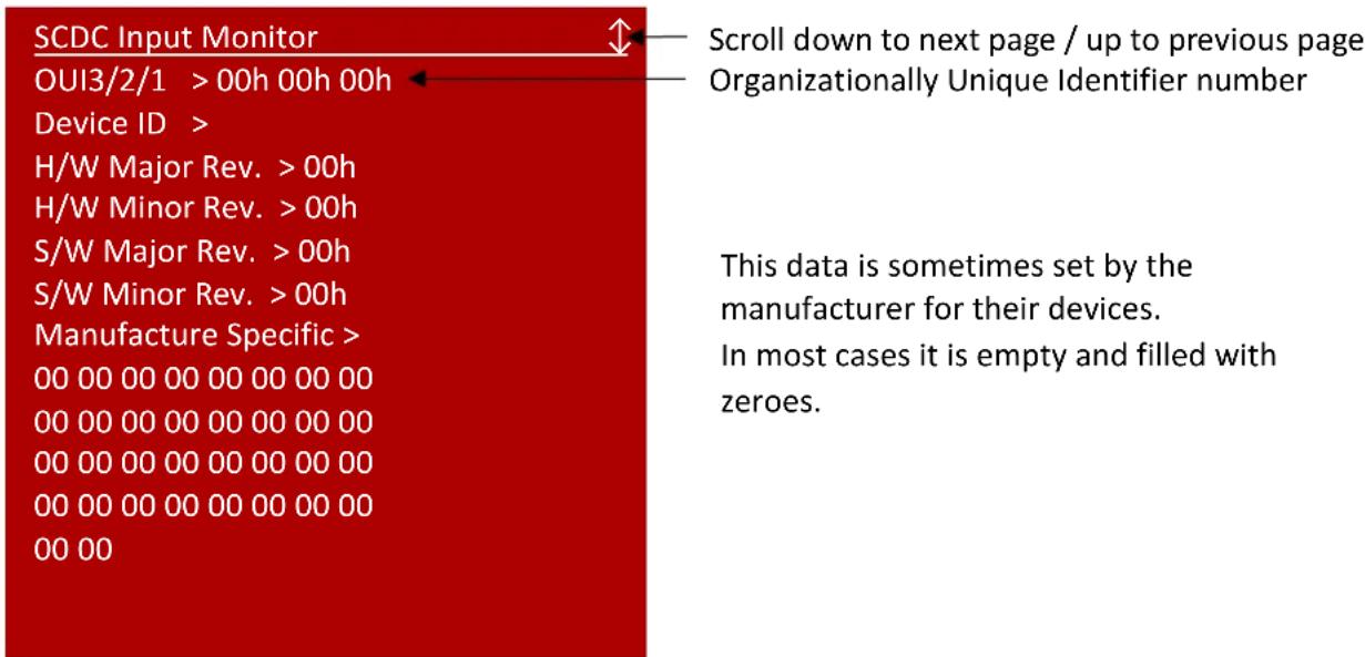 SCDC Input Monitor OUI3/2/1 > 00h 00h 00h Device ID > H/W Major Rev. > 00h H/W Minor Rev. > 00h S/W Major Rev. > 00h S/W Minor Rev. > 00h Manufacture Specific > 00 00 00 00 00 00 00 00 00 00 00 00 00 00 00 00 00 00 00 00 00 00 00 00 00 00 00 00 00 00 00 00 00 00 00 00 00 00 00 00 00 11 Scroll down to next page / up to previous page Organizationally Unique Identifier number This data is sometimes set by the manufacturer for their devices. In most cases it is empty and filled with zeroes.