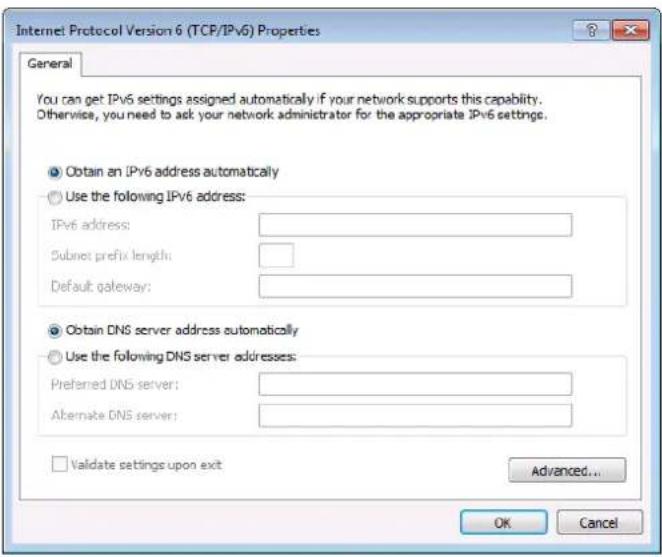 Internet Protocol Version 6 (TCP/IPv6) Properties General You can get IPv6 settings assigned automatically if your network supports this capability. Otherwise, you need to ask your network administrator for the appropriate IPv6 settings. Obtain an IPv6 address automatically Use the following IPv6 address: IPv6 address: Subnet prefix length: Default gateway: Obtain DNS server address automatically Use the following DNS server addresses: Preferred DNS server: Alternate DNS server: Validate settings upon exit Advanced... OK Cancel
