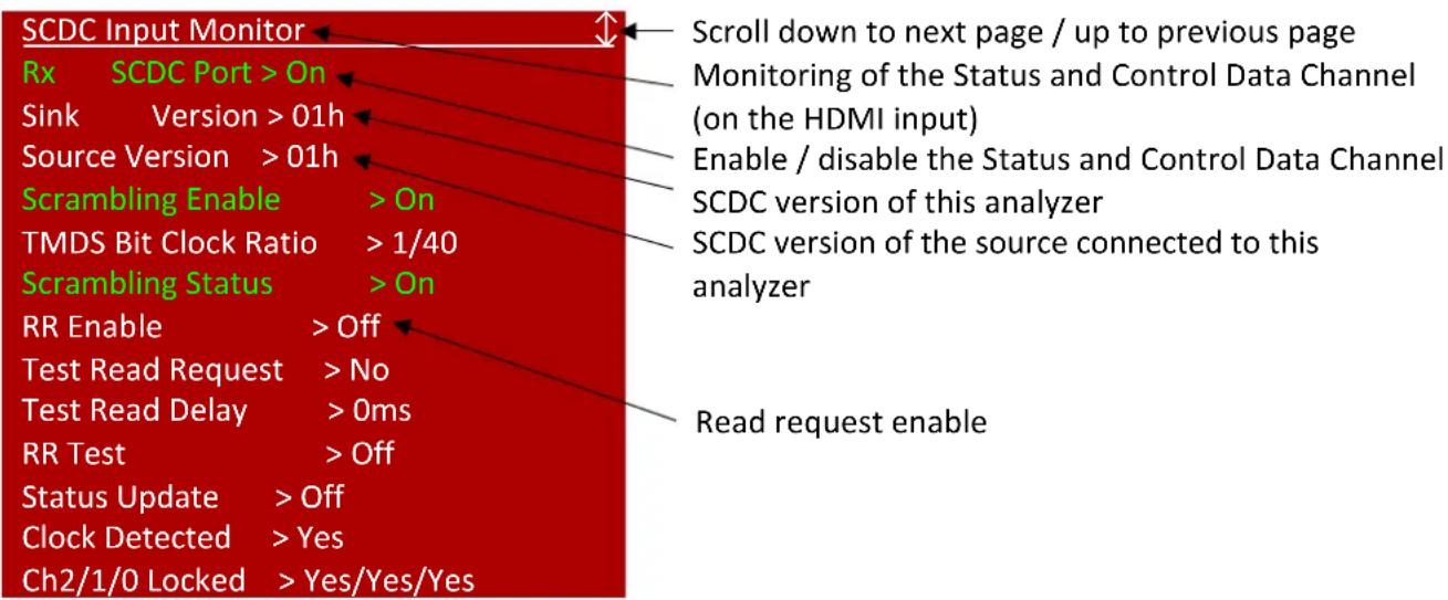 SCDC Input Monitor Rx SCDC Port > On Sink Version > 01h Source Version > 01h Scrambling Enable > On TMDS Bit Clock Ratio > 1/40 Scrambling Status > On RR Enable > Off Test Read Request > No Test Read Delay > 0ms RR Test > Off Status Update > Off Clock Detected > Yes Ch2/1/0 Locked > Yes/Yes/Yes Scroll down to next page / up to previous page Monitoring of the Status and Control Data Channel (on the HDMI input) Enable / disable the Status and Control Data Channel SCDC version of this analyzer SCDC version of the source connected to this analyzer Read request enable