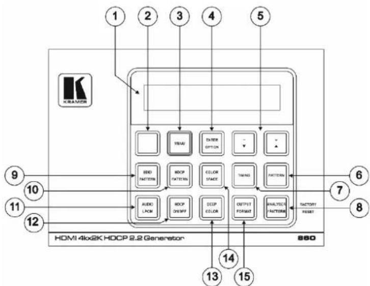 1 2 3 4 5 CREAMER 9 10 11 12 HDMI 40x2K HDCP 2.2 Generator 880 13 14 15 6 7 8 AUDIO LPCM HDCP ON/OFF DEEP COLOR OUTPUT FORMAT ANALYSIS PATTERN TAKTORY RESET PATTERN TIMING COLOR SPACE ENTER OPTION VEAU SND PATTERN HDCP PATTERN