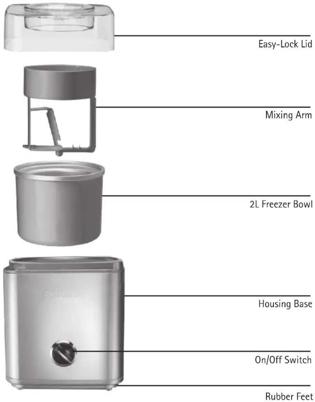 Easy-Lock Lid Mixing Arm 2L Freezer Bowl Housing Base On/Off Switch Rubber Feet