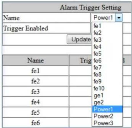 Alarm Trigger Setting Name Power1 Trigger Enabled fe1 fe2 fe3 fe4 fe5 fe6 fe7 fe8 fe9 fe10 ge1 ge2 Name Trig Power1 fe1 Power2 fe2 Power3