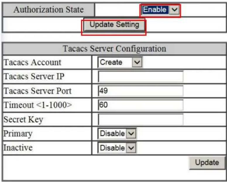 Authorization State Enable Update Setting Tacacs Server Configuration Tacacs Account Create Tacacs Server IP 49 Timeout <1-1000> 60 Secret Key Primary Disable Inactive Disable Update