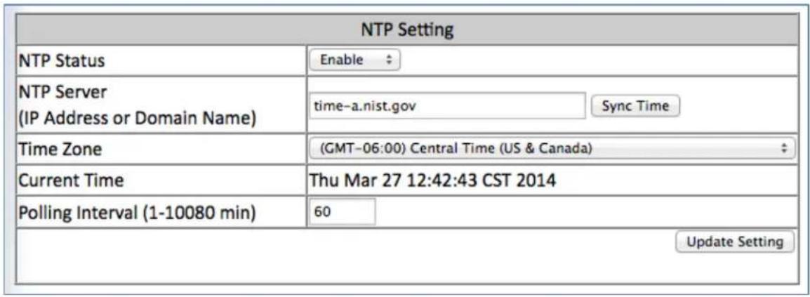 NTP Setting NTP Status Enable NTP Server (IP Address or Domain Name) time-a.nist.gov Sync Time Time Zone (GMT-06:00) Central Time (US & Canada) Current Time Thu Mar 27 12:42:43 CST 2014 Polling Interval (1-10080 min) 60 Update Setting