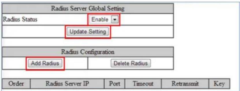 Radius Server Global Setting Radius Status Enable Update Setting Radius Configuration Add Radius Delete Radius Order Radius Server IP Port Timeout Retransmit Key