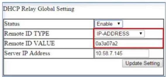 DHCP Relay Global Setting Status Enable ▼ Remote ID TYPE IP-ADDRESS ▼ Remote ID VALUE 0a3a07a2 Server IP Address 10.58.7.145 Update Setting