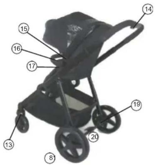 Labeled diagram of a baby stroller with numbered parts for identification