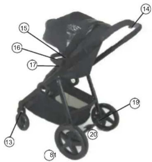 Labeled diagram of a baby stroller with numbered parts for identification