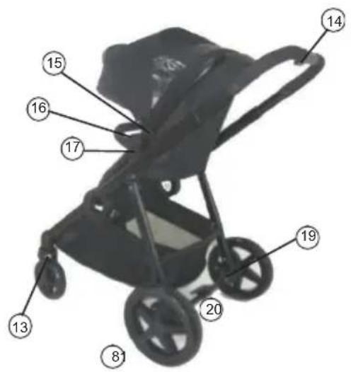 Labeled diagram of a baby stroller with numbered parts for identification